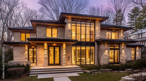 Modern home at dusk with warm interior lights, minimalist design. Cozy contemporary living in harmony with twilight.
