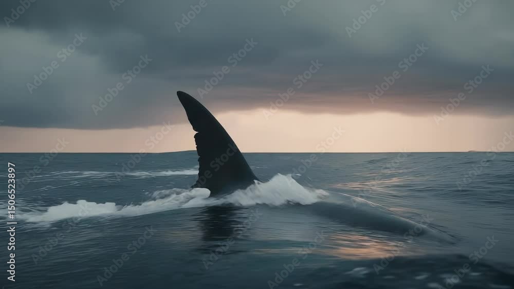 A shark fin piercing the surface of the ocean as dark clouds gather above. The moment captures raw beauty and mystery of nature, evoking both fear and fascination A shark fin piercing the surface of the ocean as dark clouds gather above. The moment captures raw beauty and mystery of nature, evoking both fear and fascination