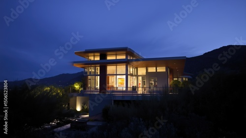 Modern home at dusk with warm interior lights, minimalist design. Cozy contemporary living in harmony with twilight.
