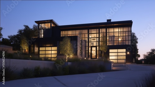 Modern home at dusk with warm interior lights, minimalist design. Cozy contemporary living in harmony with twilight.