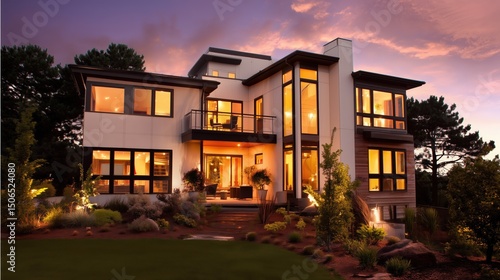 Modern home at dusk with warm interior lights, minimalist design. Cozy contemporary living in harmony with twilight.