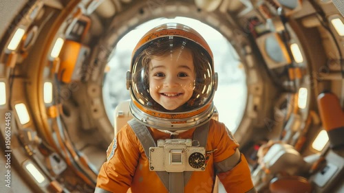 A joyful little boy in a tiny astronaut costume stands proudly in his creative cardboard spaceship. His imagination soars as he dreams of exploring the universe and distant planets