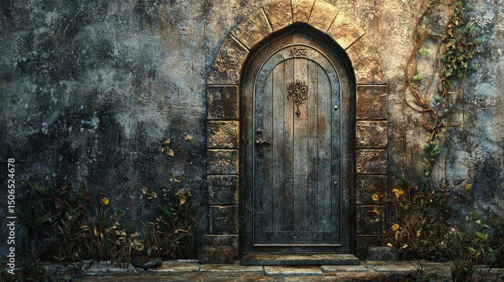 Aged stone wall with weathered wooden door. Aged stone wall with weathered wooden door.