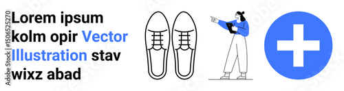 Woman holding clipboard while gesturing at text, paired with shoes and a blue plus sign. Ideal for marketing, healthcare, education, guidance, e-commerce, presentations, simple landing page