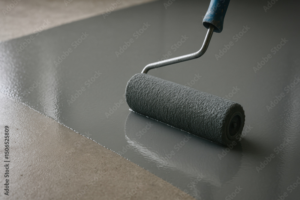 Obraz premium Application of fresh gray epoxy paint on concrete floor with roller