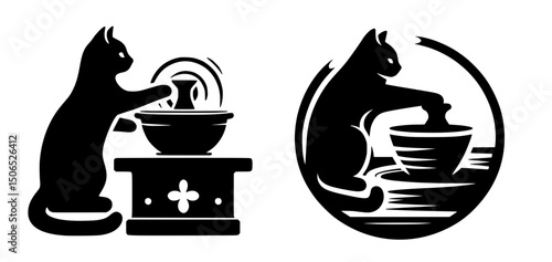 Cat on Pottery Wheel Vector Icon