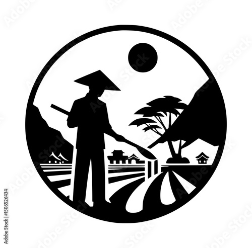 Asian Farmers Silhouette Vector Logo