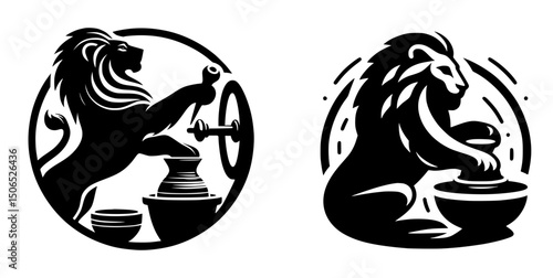 Lion Working Pottery Wheel Logo