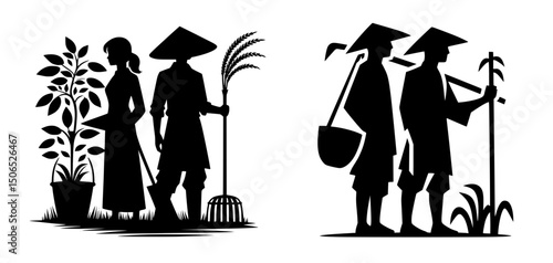 Asian Farmers Black Vector Icon