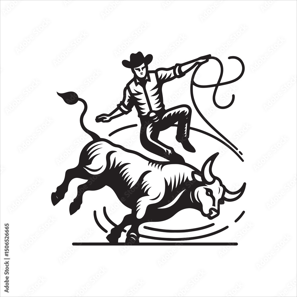 Fototapeta premium Bull Rodeo Showdown – Cowboy Riding a Bucking Bull in Action