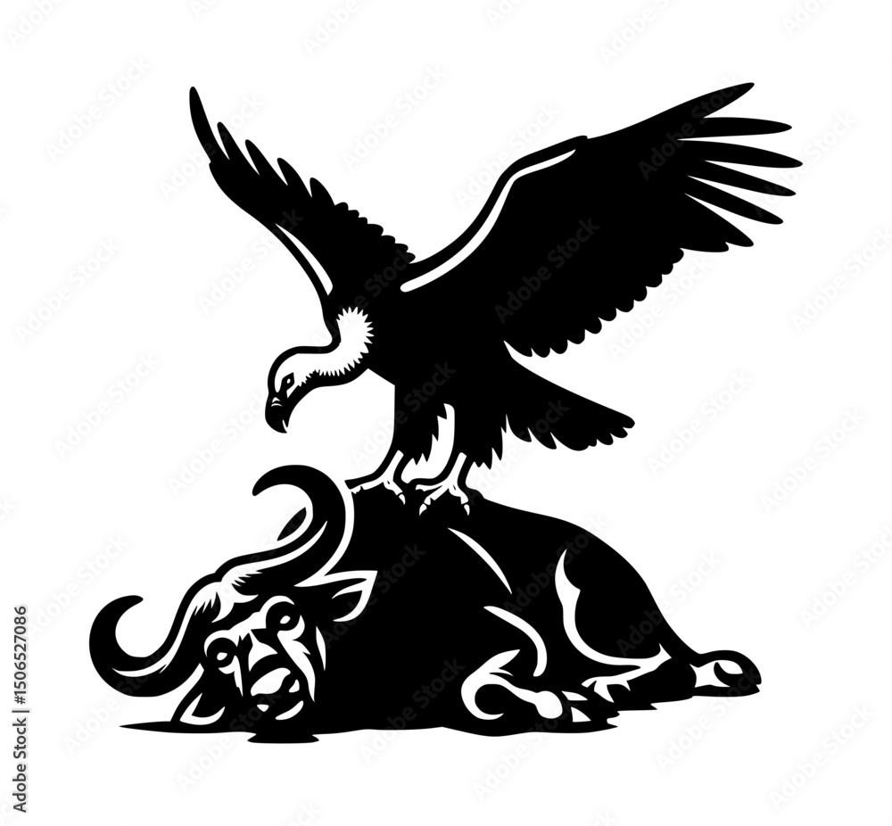 Fototapeta premium Vulture Dead Buffalo Silhouette Logo Black White Background