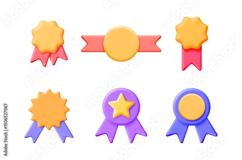 Selection of colorful 3d award medals and ribbons. Achievement and quality recognition concept. Vector illustration set.