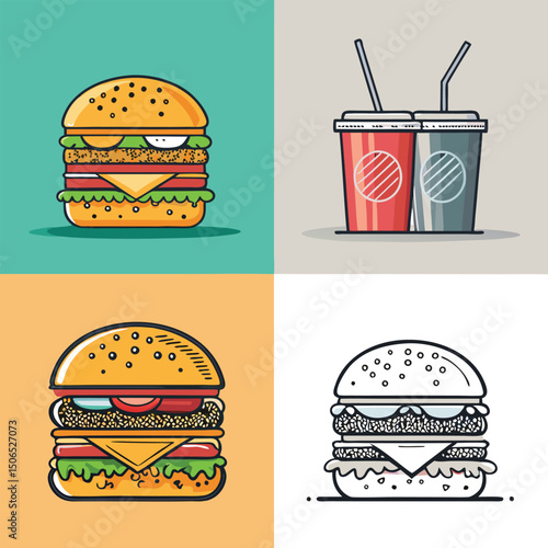 Fast Food Set with Burgers, Sandwiches, and Soft Drinks – Hand-Drawn Vector Illustrations in Retro and Pop Art Style.