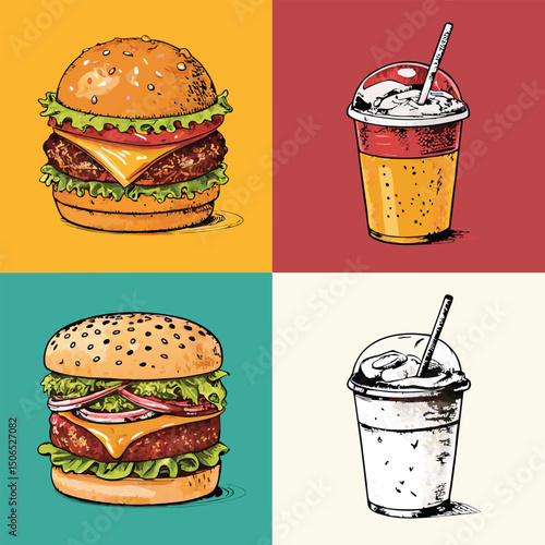 Fast Food Set with Burgers, Sandwiches, and Soft Drinks – Hand-Drawn Vector Illustrations in Retro and Pop Art Style.