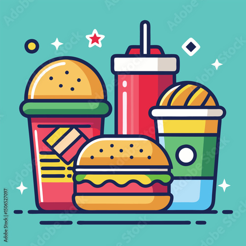 Fast Food Set with Burgers, Sandwiches, and Soft Drinks – Hand-Drawn Vector Illustrations in Retro and Pop Art Style.