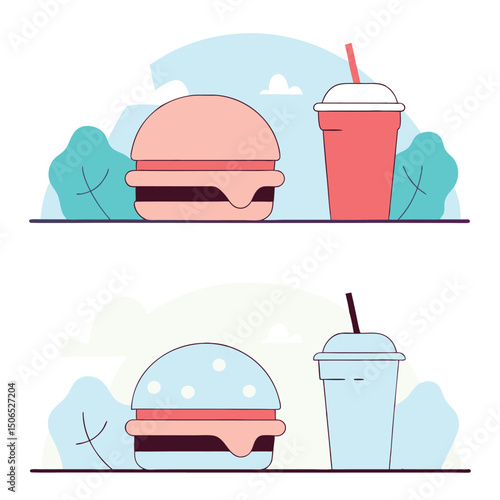 Fast Food Set with Burgers, Sandwiches, and Soft Drinks – Hand-Drawn Vector Illustrations in Retro and Pop Art Style.