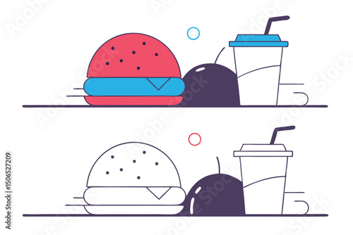 Fast Food Set with Burgers, Sandwiches, and Soft Drinks – Hand-Drawn Vector Illustrations in Retro and Pop Art Style.