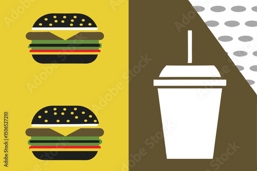 Fast Food Set with Burgers, Sandwiches, and Soft Drinks – Hand-Drawn Vector Illustrations in Retro and Pop Art Style.