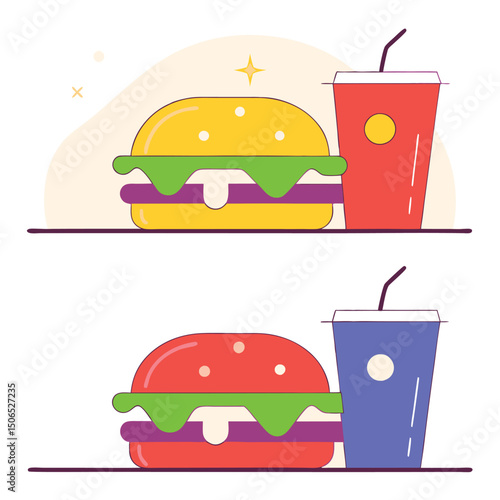 Fast Food Set with Burgers, Sandwiches, and Soft Drinks – Hand-Drawn Vector Illustrations in Retro and Pop Art Style.