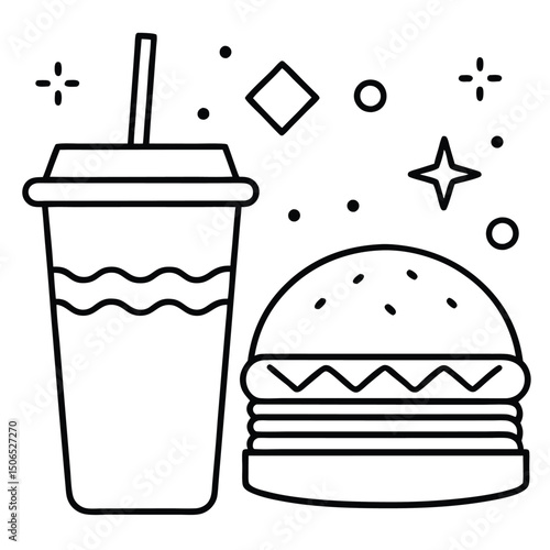 Fast Food Set with Burgers, Sandwiches, and Soft Drinks – Hand-Drawn Vector Illustrations in Retro and Pop Art Style.