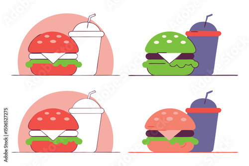Fast Food Set with Burgers, Sandwiches, and Soft Drinks – Hand-Drawn Vector Illustrations in Retro and Pop Art Style.