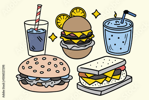Fast Food Set with Burgers, Sandwiches, and Soft Drinks – Hand-Drawn Vector Illustrations in Retro and Pop Art Style.