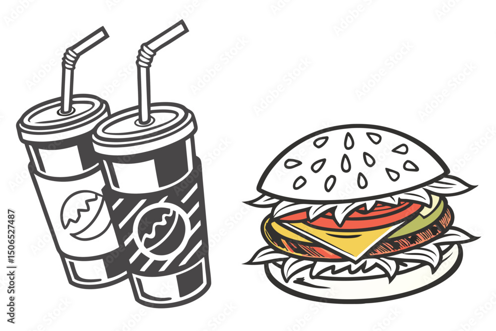 Fast Food Set with Burgers, Sandwiches, and Soft Drinks – Hand-Drawn Vector Illustrations in Retro and Pop Art Style. Fast Food Set with Burgers, Sandwiches, and Soft Drinks – Hand-Drawn Vector Illustrations in Retro and Pop Art Style.