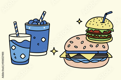 Fast Food Set with Burgers, Sandwiches, and Soft Drinks – Hand-Drawn Vector Illustrations in Retro and Pop Art Style.
