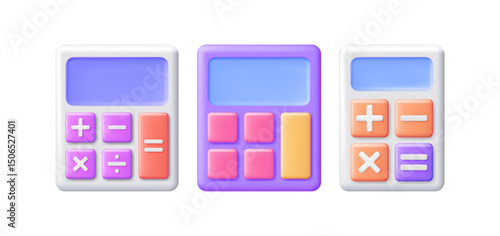 Set of three pastel colored calculators. Cute accounting and finance illustration for business and education.