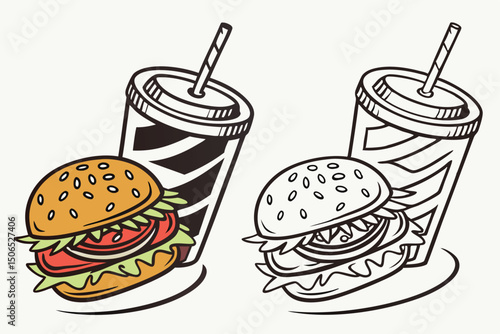 Fast Food Set with Burgers, Sandwiches, and Soft Drinks – Hand-Drawn Vector Illustrations in Retro and Pop Art Style.