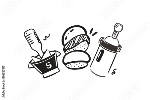 Fast Food Set with Burgers, Sandwiches, and Soft Drinks – Hand-Drawn Vector Illustrations in Retro and Pop Art Style.