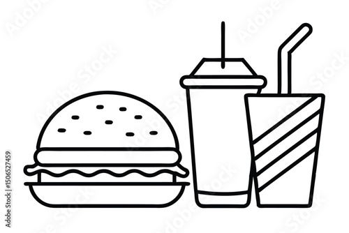 Fast Food Set with Burgers, Sandwiches, and Soft Drinks – Hand-Drawn Vector Illustrations in Retro and Pop Art Style.