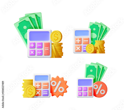 Calculator, dollar banknote, coin set. Accounting calculation, taxes, financial planning. Online payment, digital banking for business app.