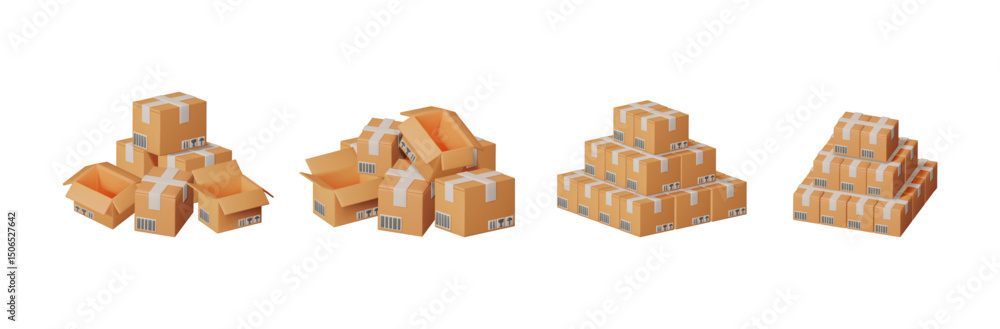 Four different stacks of 3d rendering cardboard boxes on a white background. Delivery and shipping concept icon. Four different stacks of 3d rendering cardboard boxes on a white background. Delivery and shipping concept icon.