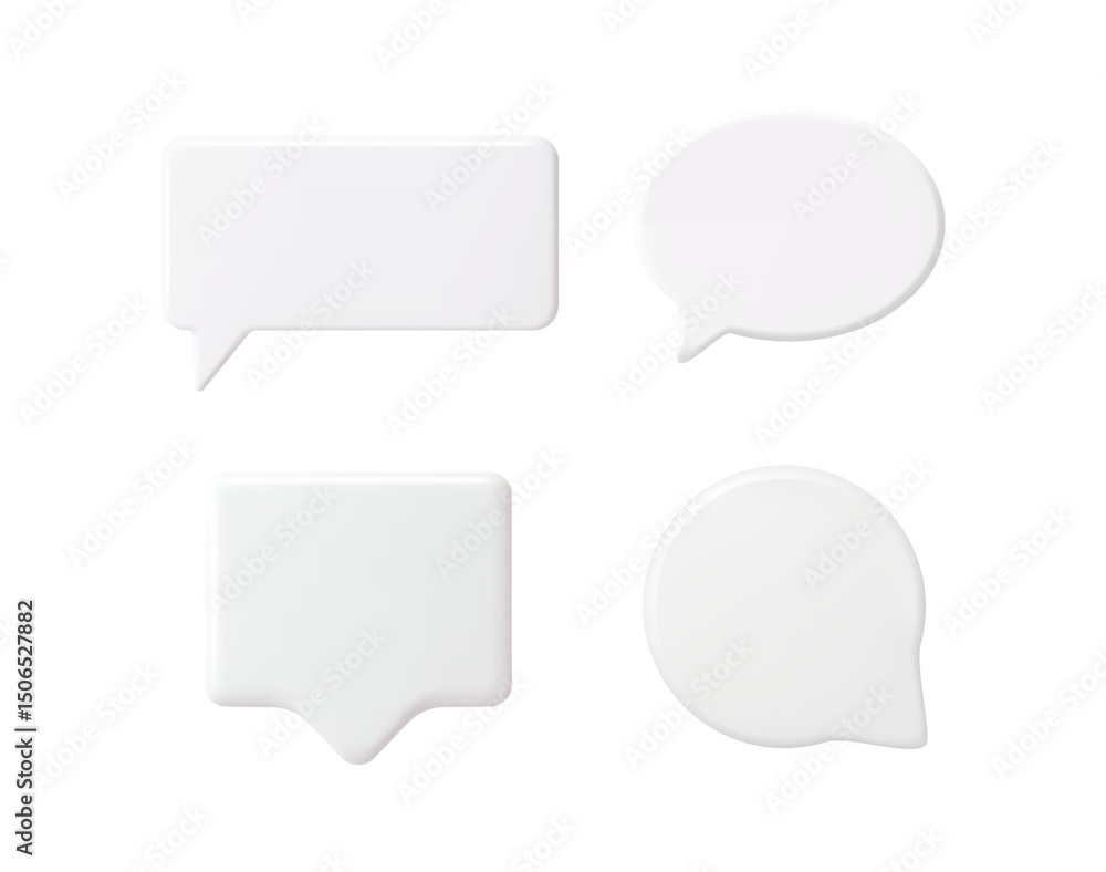 Set of different white 3D speech bubble shapes. Blank chat box frames for message, comment, or notification. Empty text forms for web design. Set of different white 3D speech bubble shapes. Blank chat box frames for message, comment, or notification. Empty text forms for web design.