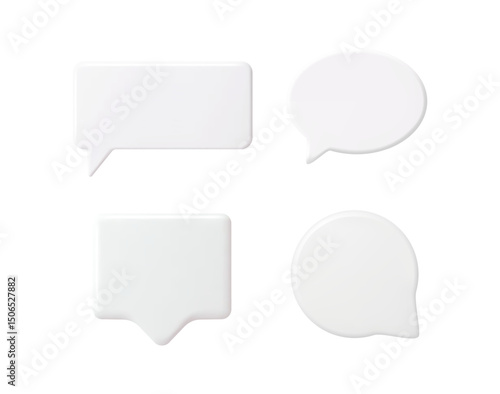 Set of different white 3D speech bubble shapes. Blank chat box frames for message, comment, or notification. Empty text forms for web design.