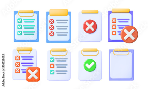 Vector 3d illustration cartoon set of checklist, empty forms, document, clipboards with check mark for approval or agreement