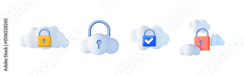 Set of 3d cloud computing icon with padlock. Data protection and cloud storage security. Digital information safety and privacy.