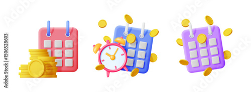 Calendar with coins and alarm clock icon set for financial planning. Appointment reminder and deadline management vector 3d illustration.