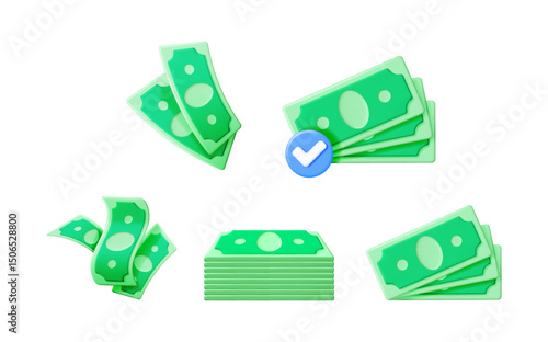 Green dollar bills set with various piles and flying money and a checkmark. Financial transaction and cash payout concept illustration.