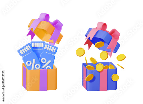 Open gift box with discount coupons and another one with golden coins spilling out. Loyalty program for bonus, cashback, and special deal concept.