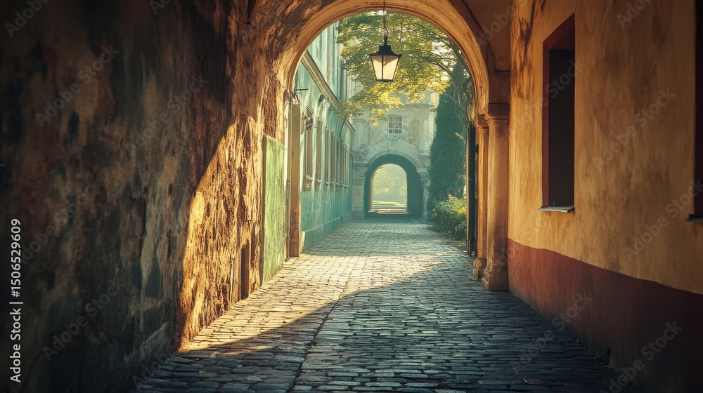Fototapeta premium Sunlit Cobblestone Alleyway Aged Stone Walls and Sun Drenched Courtyard