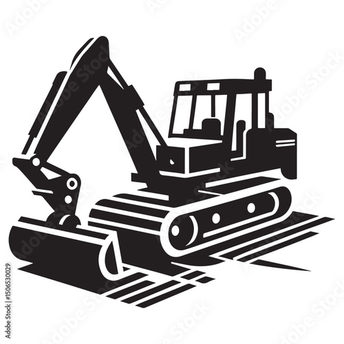 Excavator Machine Silhouette Black And White Heavy Equipment Vehicle