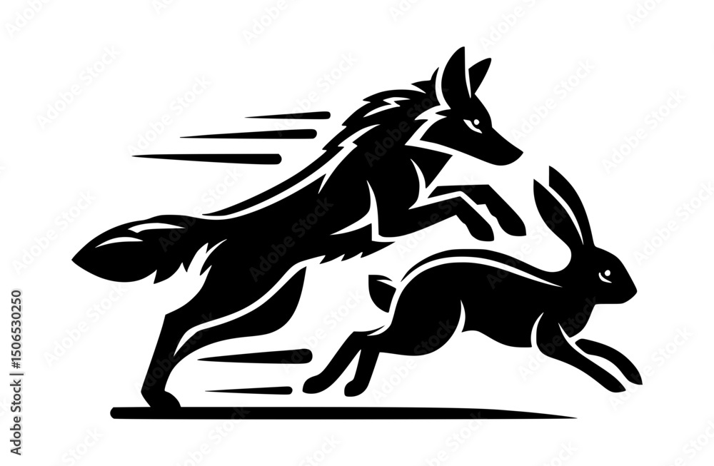 Fototapeta premium Coyote Chasing Rabbit Silhouette Logo