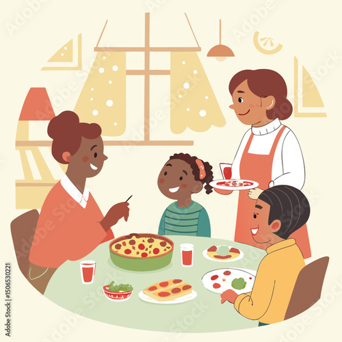 Happy Family Enjoying Delicious Pizza Dinner at Home Together