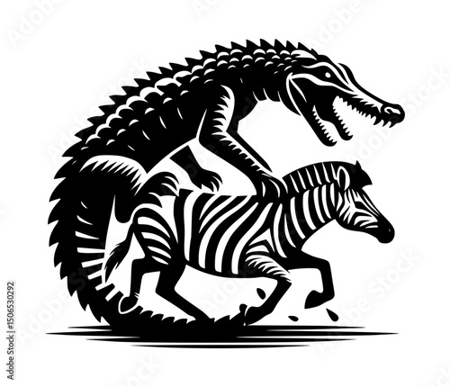 Crocodile Attacking Zebra Silhouette Logo