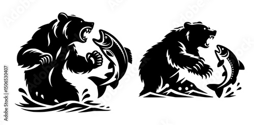 Bear Attacking Salmon Silhouette Logo