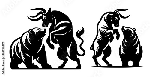 Bull Headbutting Bear Silhouette Logo