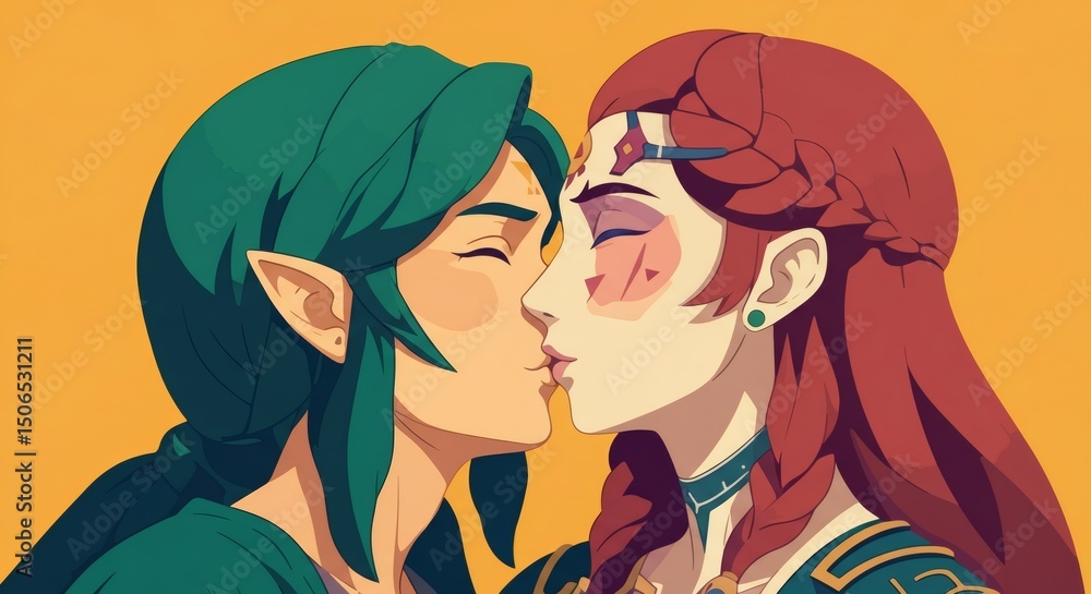 Passionate Kiss A Digital Illustration of Two Elven Characters Passionate Kiss A Digital Illustration of Two Elven Characters