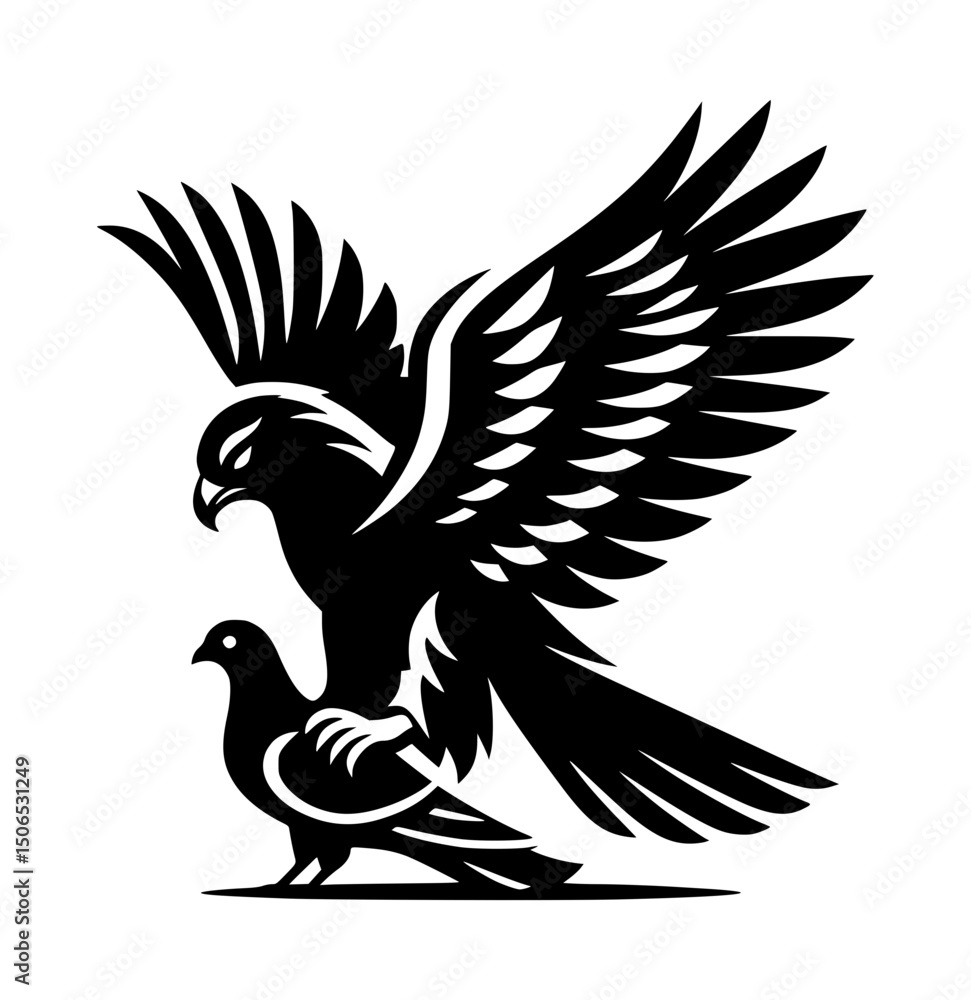 Obraz premium Falcon Capturing Pigeon Silhouette Logo Black White Background